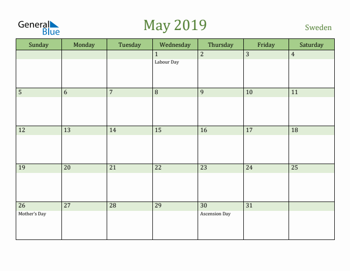 May 2019 Calendar with Sweden Holidays
