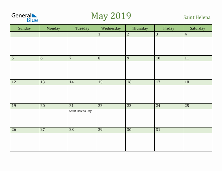 May 2019 Calendar with Saint Helena Holidays