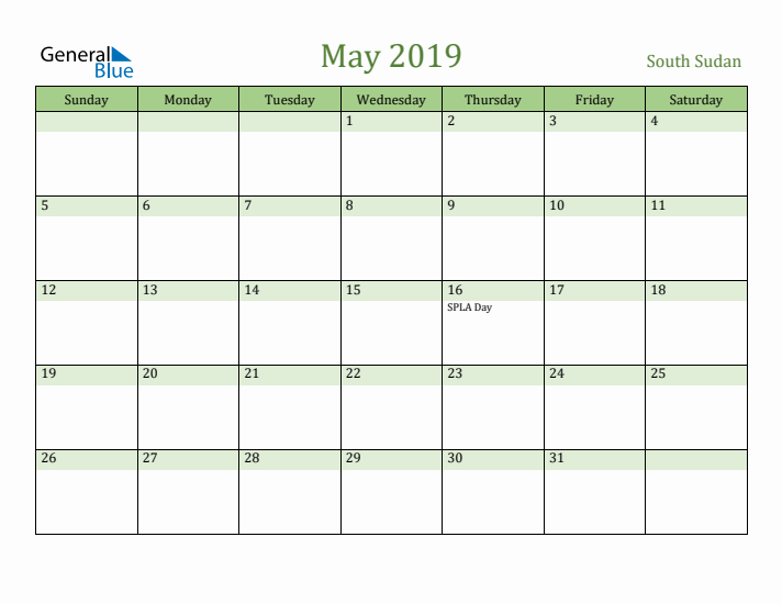 May 2019 Calendar with South Sudan Holidays
