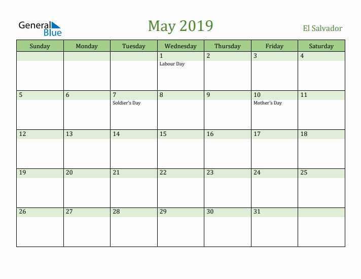 May 2019 Calendar with El Salvador Holidays