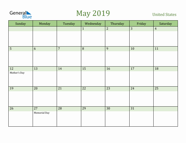 May 2019 Calendar with United States Holidays
