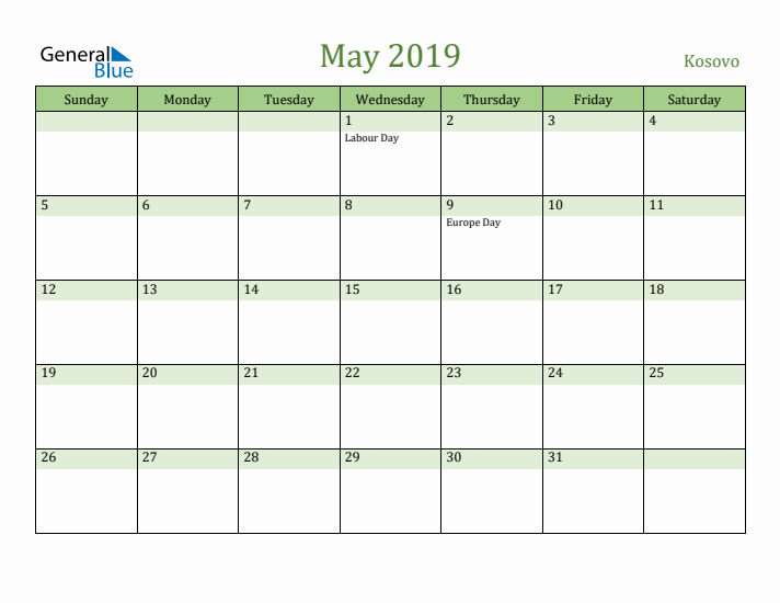 May 2019 Calendar with Kosovo Holidays