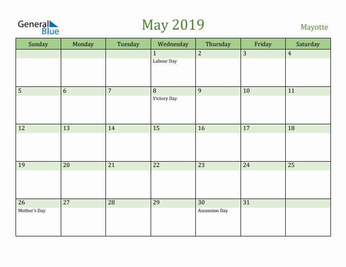 May 2019 Calendar with Mayotte Holidays
