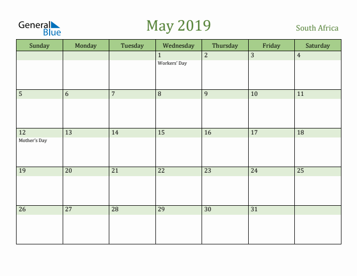 May 2019 Calendar with South Africa Holidays