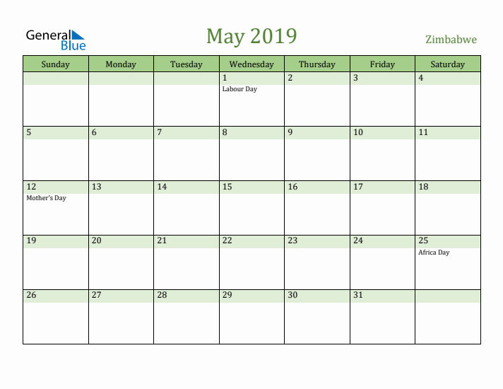 May 2019 Calendar with Zimbabwe Holidays