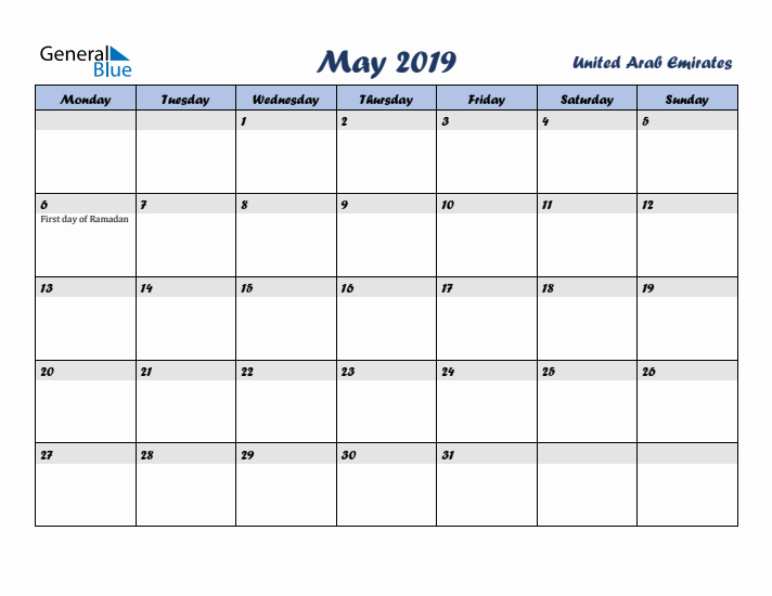 May 2019 Calendar with Holidays in United Arab Emirates