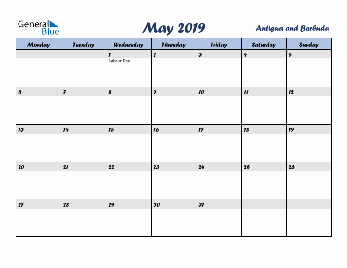 May 2019 Calendar with Holidays in Antigua and Barbuda