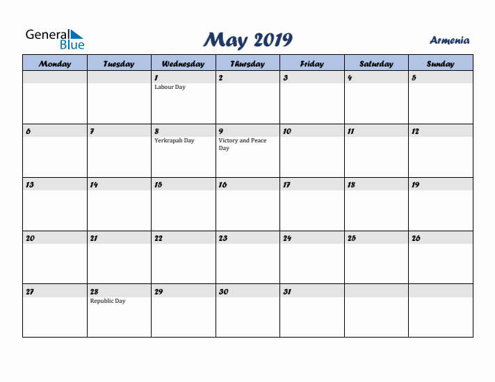 May 2019 Calendar with Holidays in Armenia