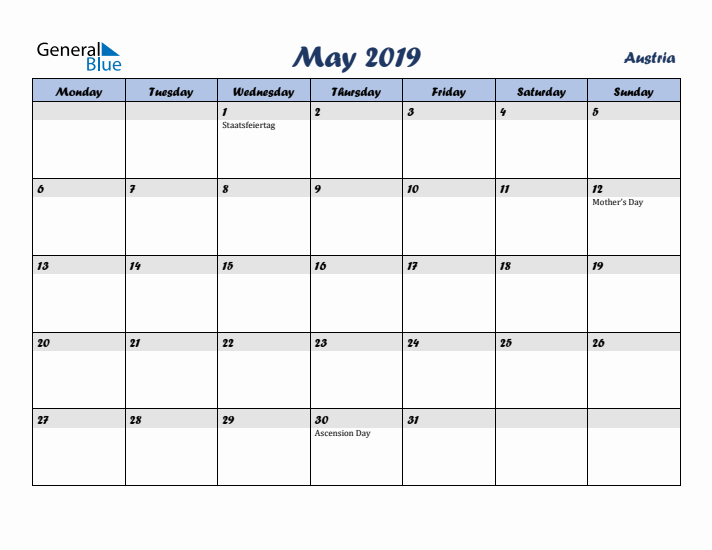 May 2019 Calendar with Holidays in Austria