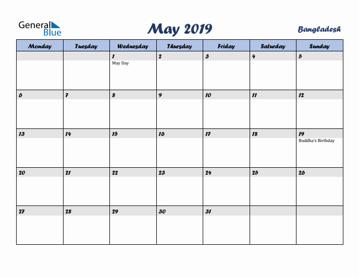 May 2019 Calendar with Holidays in Bangladesh