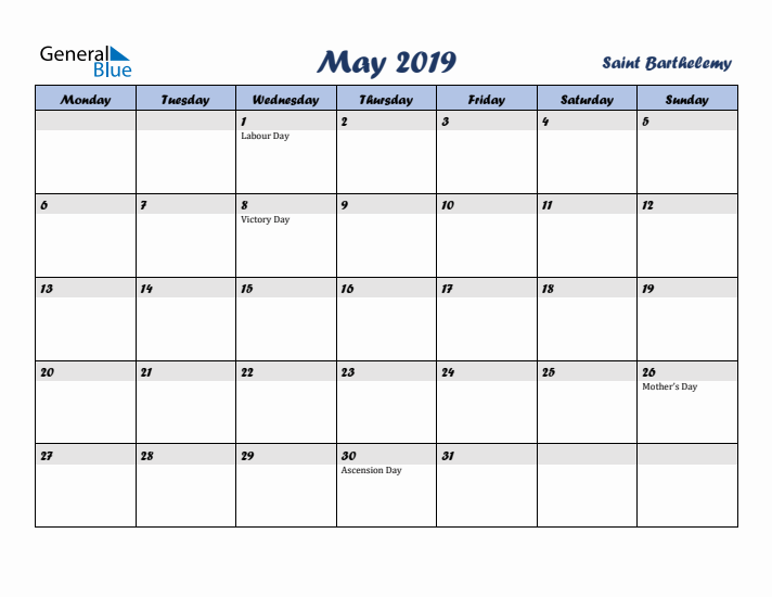 May 2019 Calendar with Holidays in Saint Barthelemy
