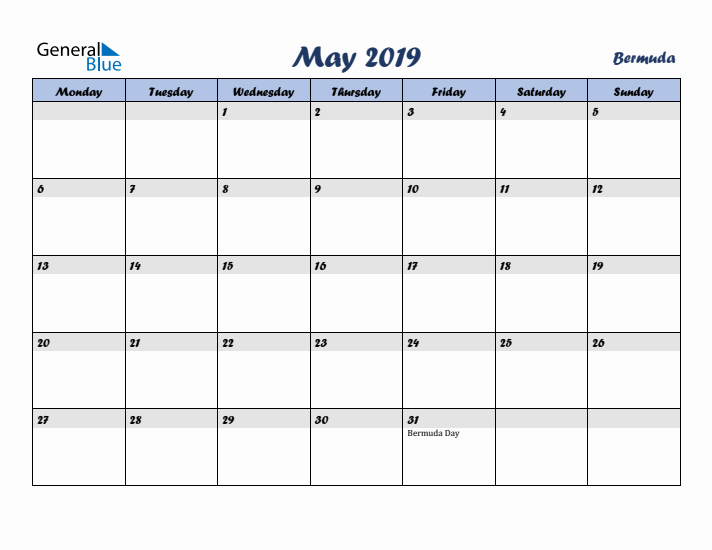 May 2019 Calendar with Holidays in Bermuda