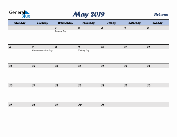 May 2019 Calendar with Holidays in Belarus