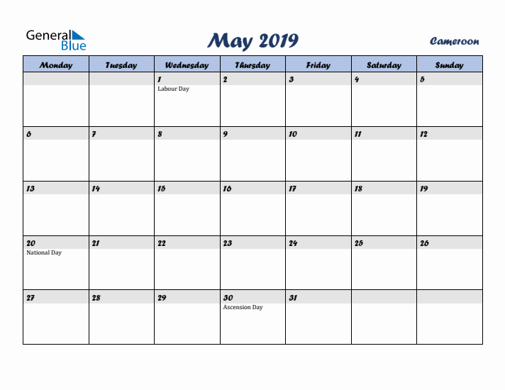 May 2019 Calendar with Holidays in Cameroon