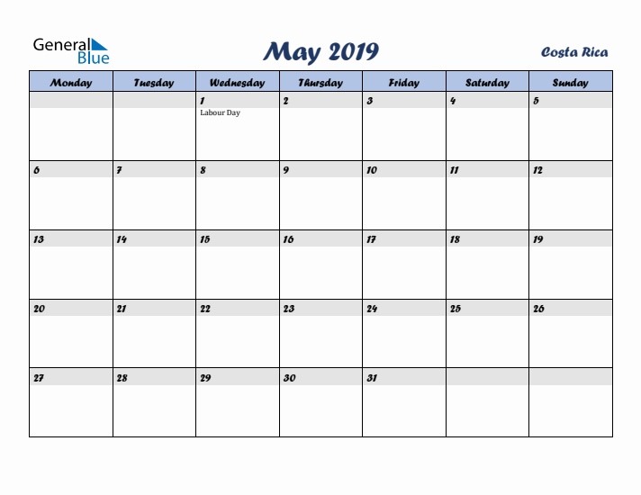May 2019 Calendar with Holidays in Costa Rica