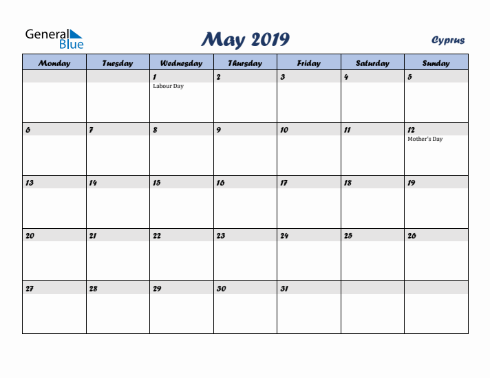 May 2019 Calendar with Holidays in Cyprus