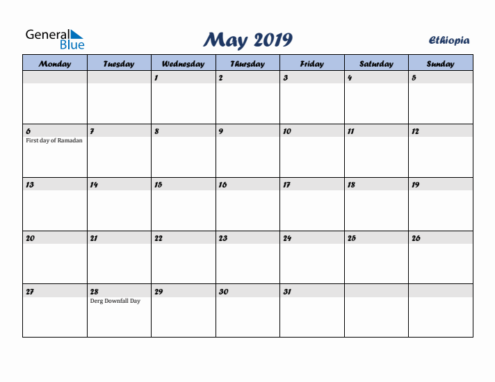 May 2019 Calendar with Holidays in Ethiopia