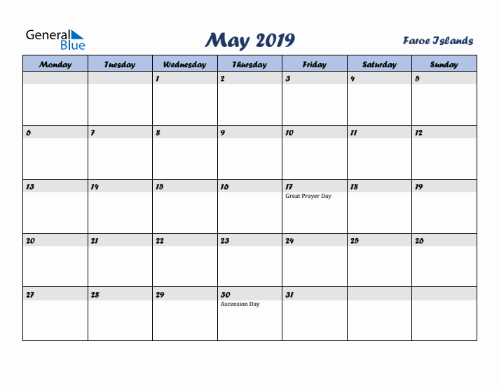 May 2019 Calendar with Holidays in Faroe Islands
