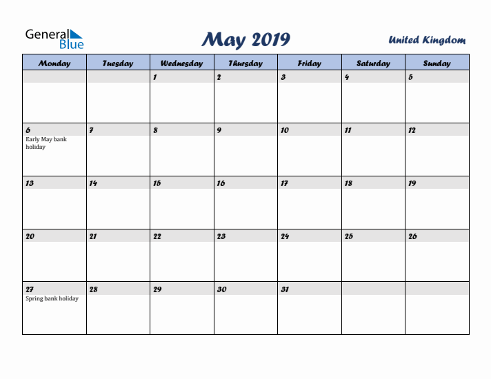 May 2019 Calendar with Holidays in United Kingdom