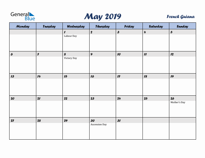May 2019 Calendar with Holidays in French Guiana