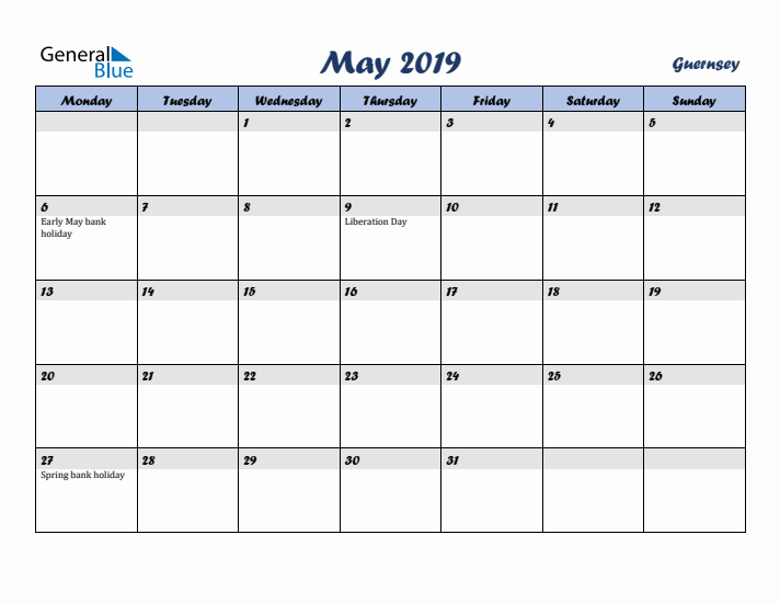May 2019 Calendar with Holidays in Guernsey