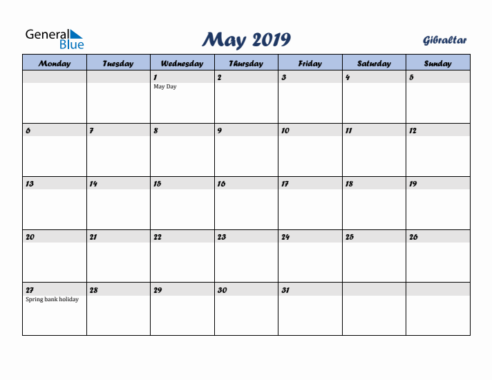 May 2019 Calendar with Holidays in Gibraltar