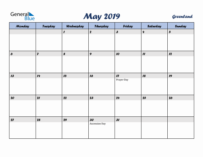 May 2019 Calendar with Holidays in Greenland