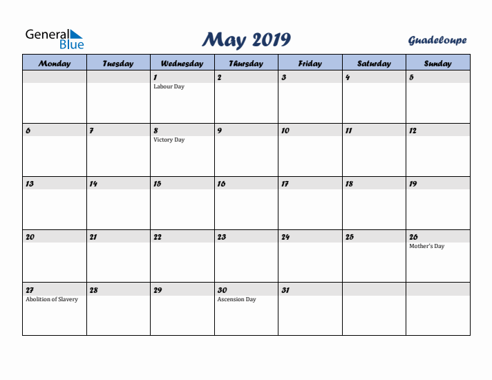 May 2019 Calendar with Holidays in Guadeloupe