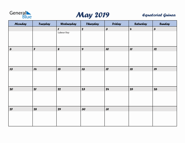 May 2019 Calendar with Holidays in Equatorial Guinea