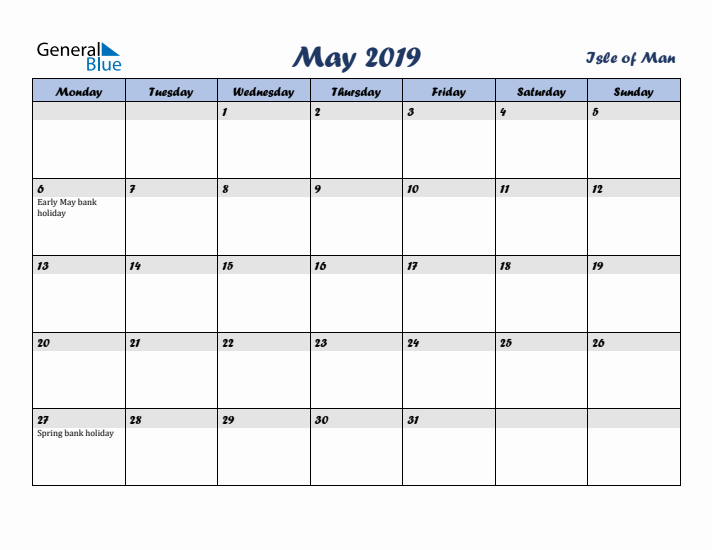 May 2019 Calendar with Holidays in Isle of Man