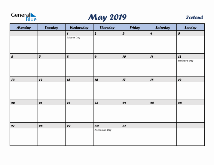 May 2019 Calendar with Holidays in Iceland