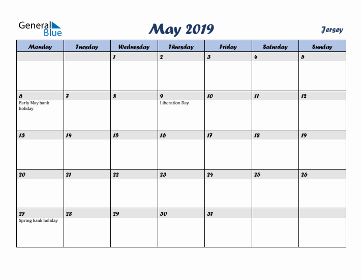 May 2019 Calendar with Holidays in Jersey