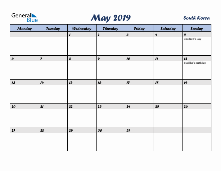 May 2019 Calendar with Holidays in South Korea