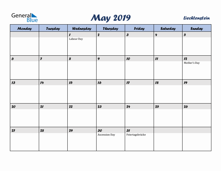 May 2019 Calendar with Holidays in Liechtenstein