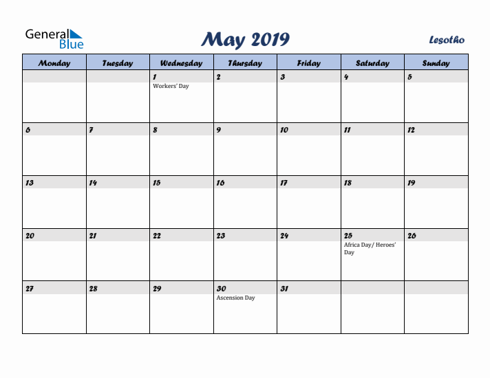 May 2019 Calendar with Holidays in Lesotho