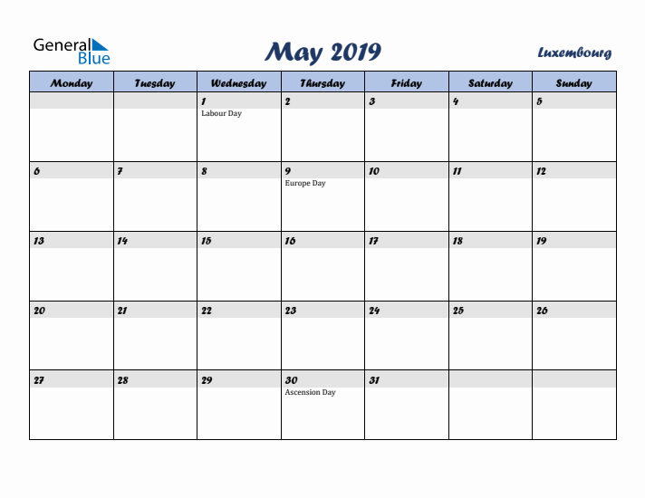 May 2019 Calendar with Holidays in Luxembourg