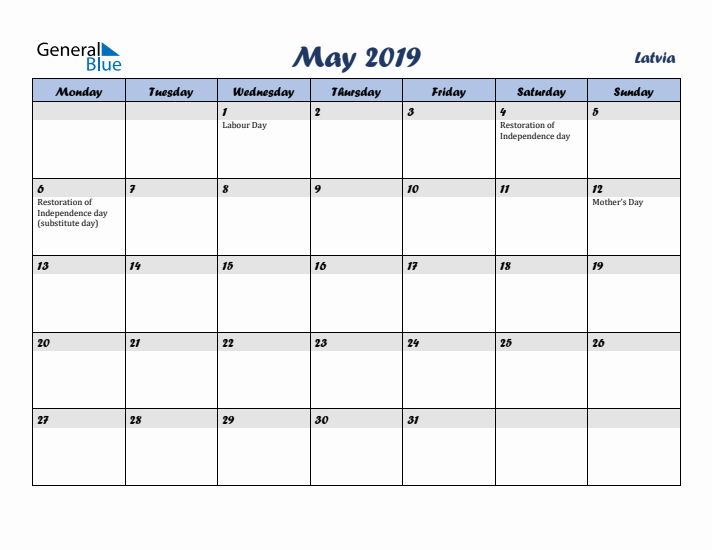 May 2019 Calendar with Holidays in Latvia