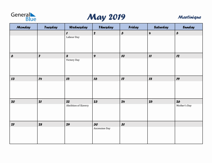 May 2019 Calendar with Holidays in Martinique