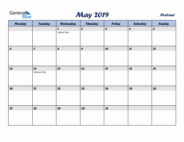 May 2019 Calendar with Holidays in Malawi