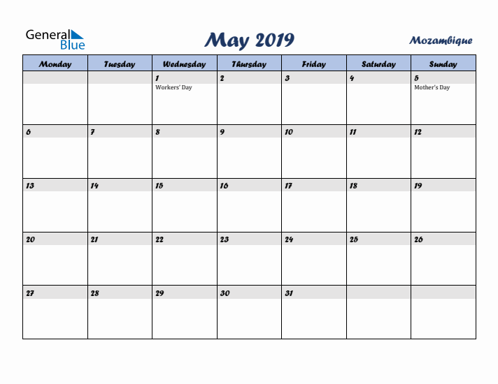 May 2019 Calendar with Holidays in Mozambique