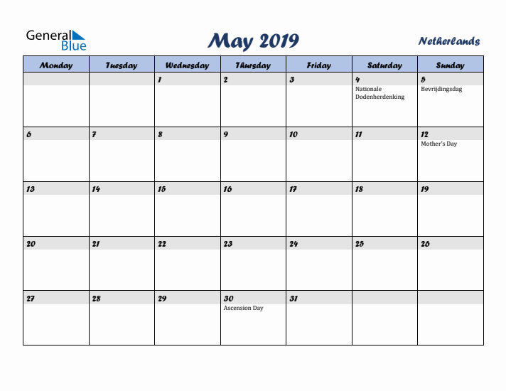 May 2019 Calendar with Holidays in The Netherlands