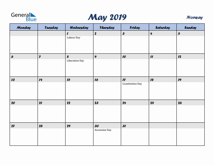 May 2019 Calendar with Holidays in Norway