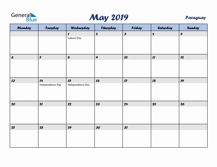 May 2019 Calendar with Holidays in Paraguay