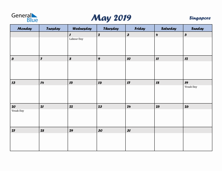 May 2019 Calendar with Holidays in Singapore