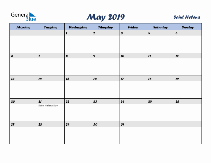 May 2019 Calendar with Holidays in Saint Helena