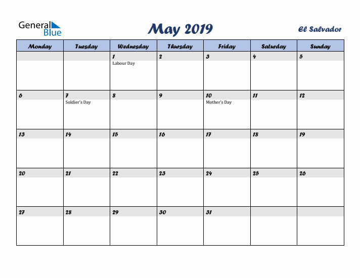 May 2019 Calendar with Holidays in El Salvador