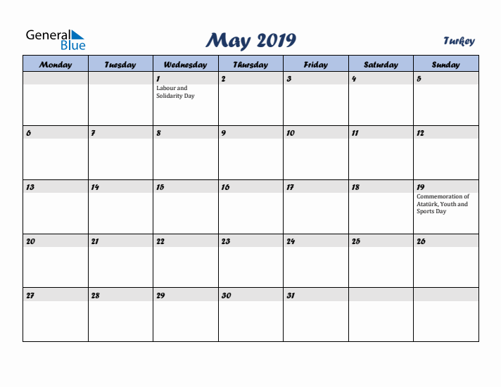 May 2019 Calendar with Holidays in Turkey