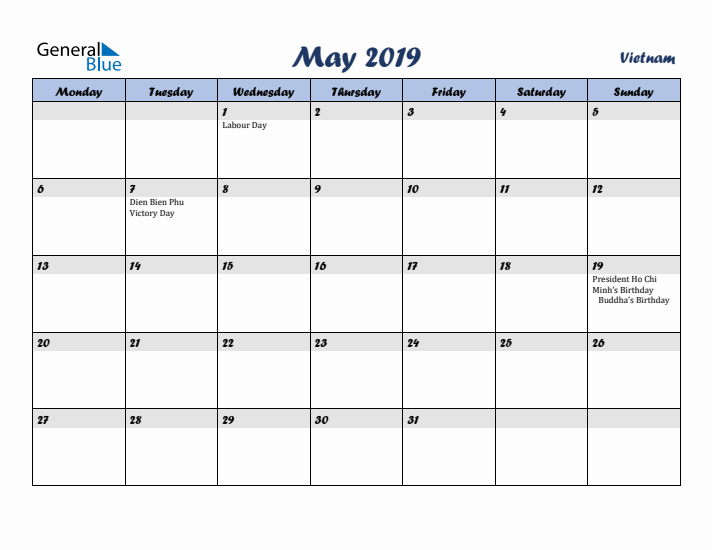 May 2019 Calendar with Holidays in Vietnam