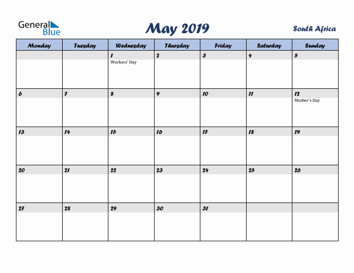 May 2019 Calendar with Holidays in South Africa