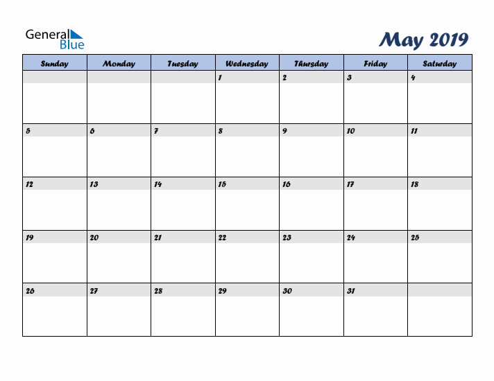 May 2019 Blue Calendar (Sunday Start)